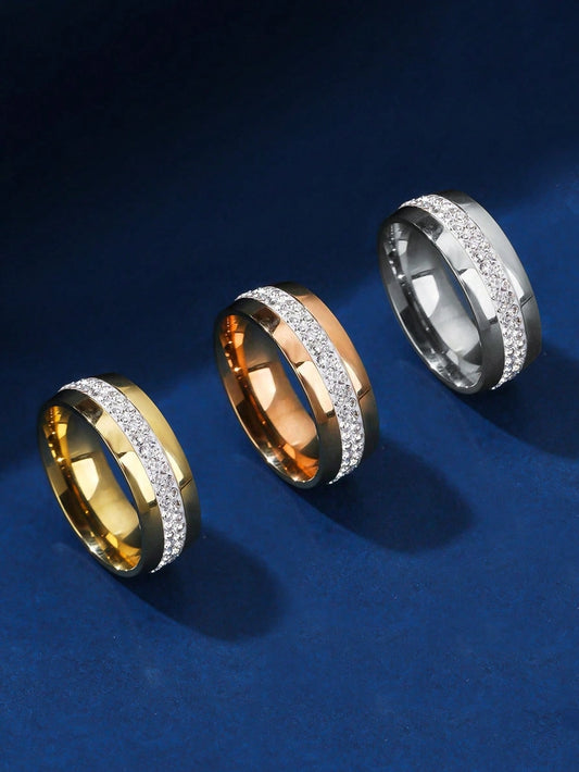 Jewelry Simple Style Round 304 Stainless Steel Zircon Gold Plated Plating Inlay Rings