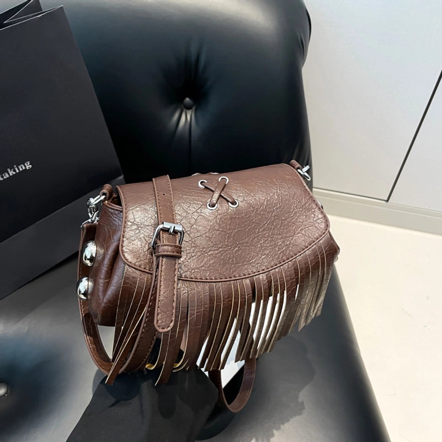 Women's Medium Pu Leather Solid Color Classic Style Tassel Square Magnetic Buckle Flip Cover Crossbody Bag