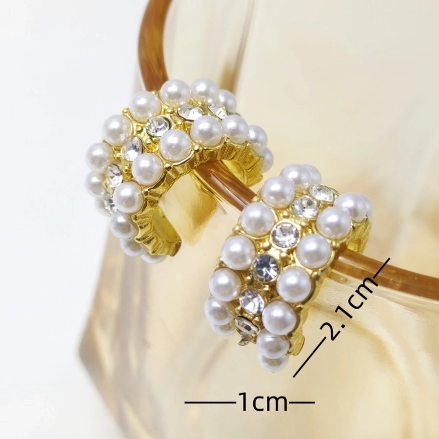 1 Pair Elegant Pearl Solid Color Inlay 304 Stainless Steel Artificial Pearls Rhinestones 18K Gold Plated Ear Studs