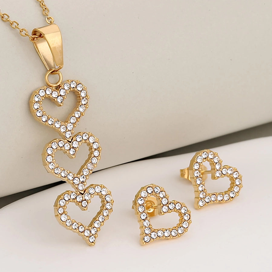 Jewelry Luxurious Shiny Korean Style Circle Heart Shape 304 Stainless Steel Rhinestones 18K Gold Plated Polishing Plating Inlay Jewelry Set