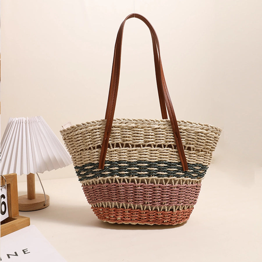 Women's Straw Stripe Vintage Style Shell Zipper Shoulder Bag