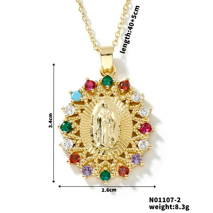 Jewelry Vintage Style Classic Style Geometric Round Virgin Mary 304 Stainless Steel Copper Zircon K Gold Plated Inlay Pendant Necklace - CEJEW