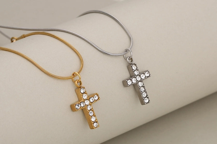 Jewelry Cute Shiny Cross Heart Shape 304 Stainless Steel Rhinestone Rhinestones Stainless Steel Necklaces