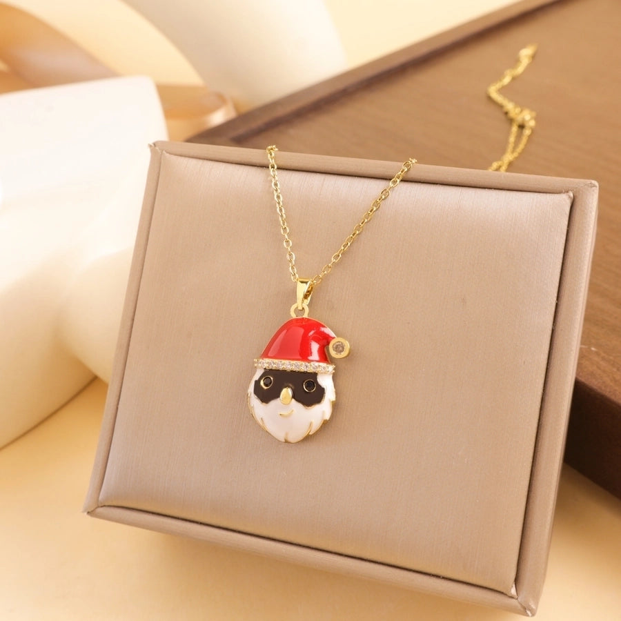 Titanium Steel Copper cable chain Enamel Inlay Christmas Hat Santa Claus Christmas Socks Pearl Zircon Pendant Necklace