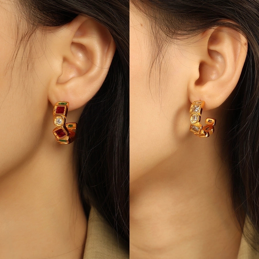 1 Pair IG Style Vintage Style C Shape Polishing Inlay 304 Stainless Steel Zircon 18K Gold Plated Ear Studs