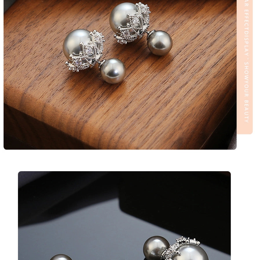 front and rear wear crown bead earrings high-grade light luxury earrings French personalized design silver needle earrings