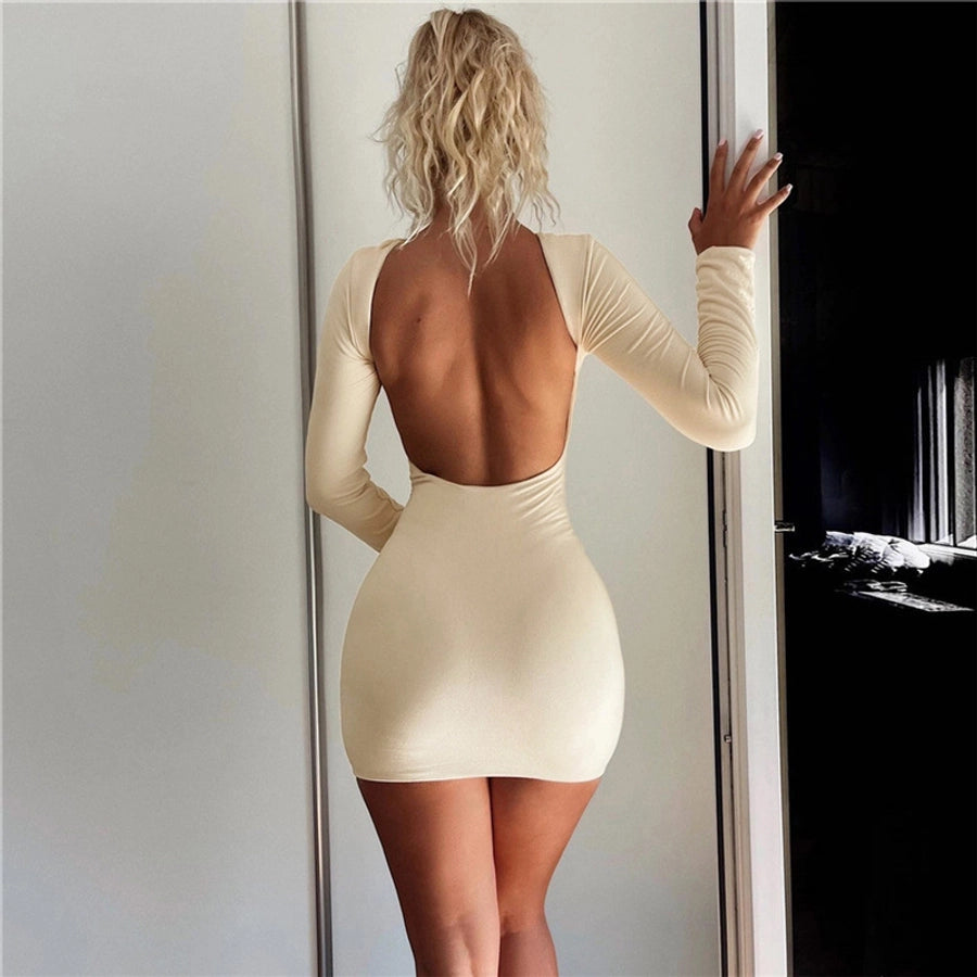 Women's Sheath Dress Streetwear Round Neck Backless Long Sleeve Solid Color Above Knee Holiday