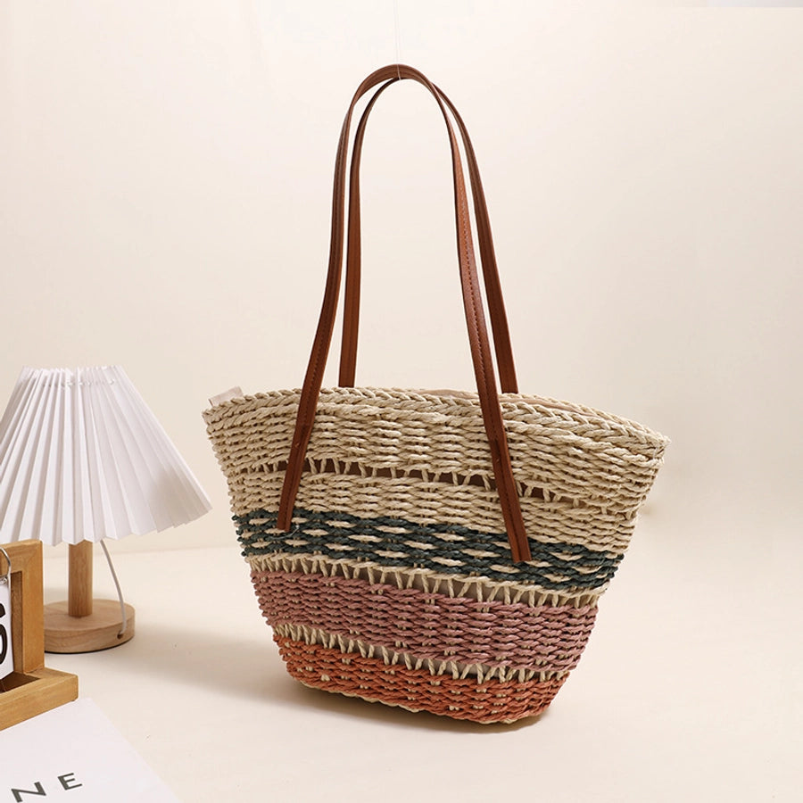 Women's Straw Stripe Vintage Style Shell Zipper Shoulder Bag