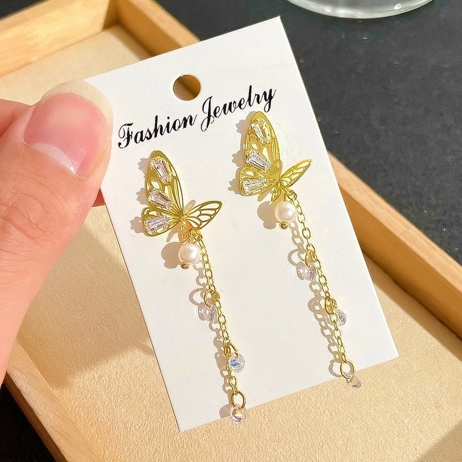 1 pair ig style japanese style tassel butterfly plating inlay imitation pearl alloy rhinestones 14k gold plated drop earrings