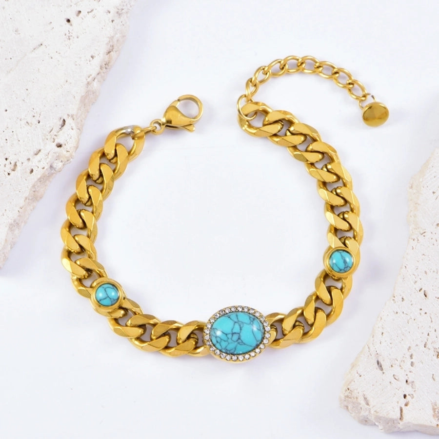 Hip-Hop Exaggerated Oval Titanium Steel Gold Plated Turquoise Rhinestones Pearl Bracelets In Bulk