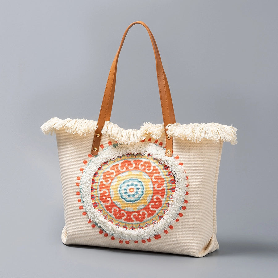 Women's Large Polyester Flower Elegant Streetwear Tassel Square Magnetic Buckle Tote Bag