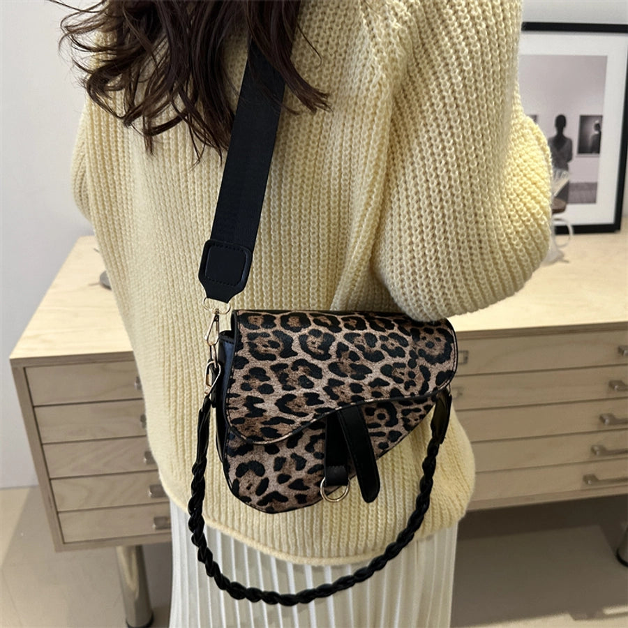 Women's Medium Pu Leather Leopard Streetwear Square Magnetic Buckle Saddle Bag