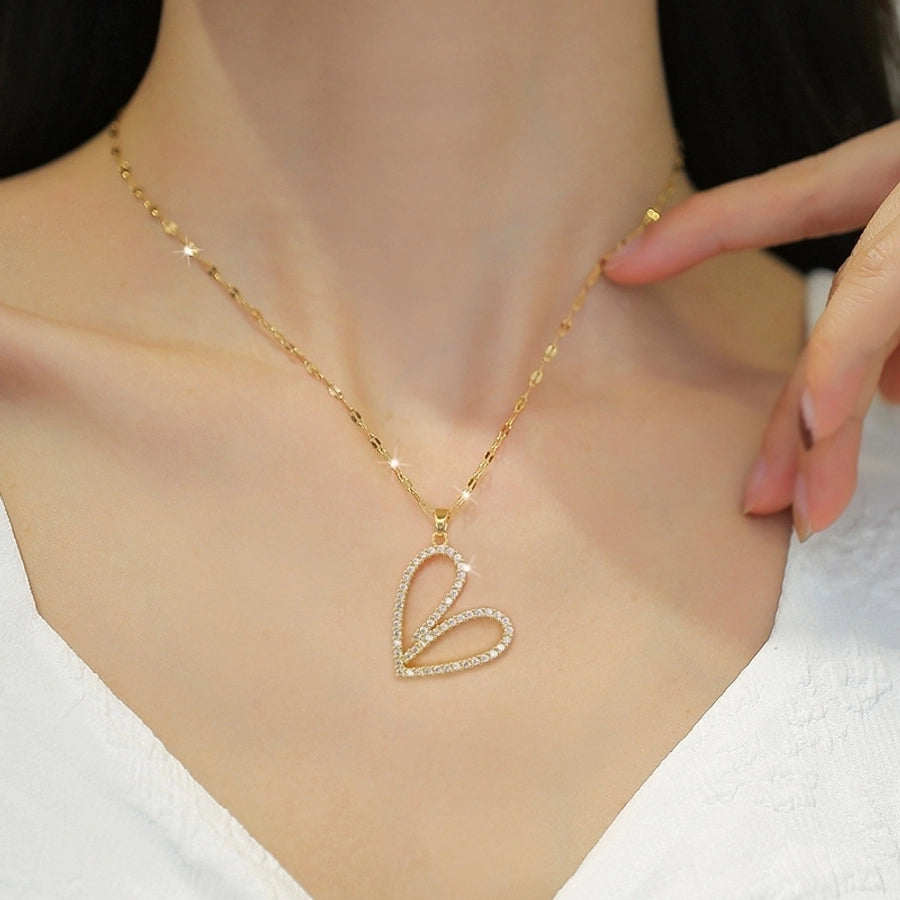 Fashion Heart Shape Stainless Steel Copper Inlay Rhinestones Pendant Necklace - CEJEW