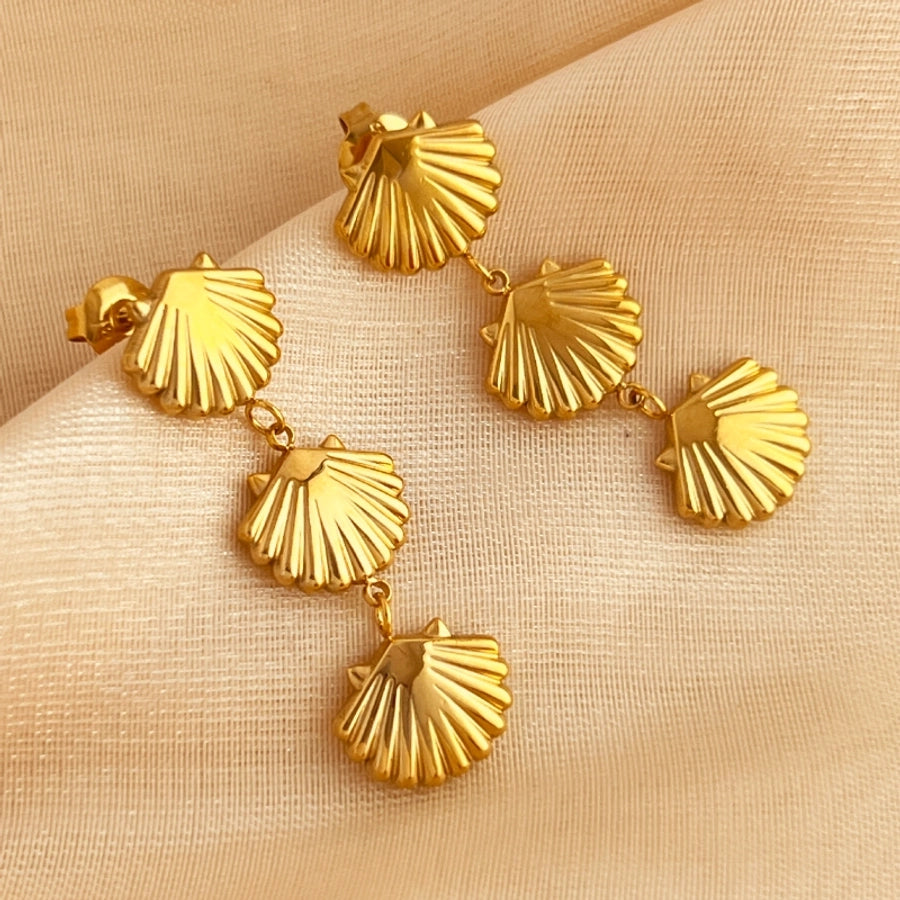 1 Pair Elegant Vacation Sector Shell Polishing 304 Stainless Steel 18K Gold Plated Drop Earrings - CEJEW