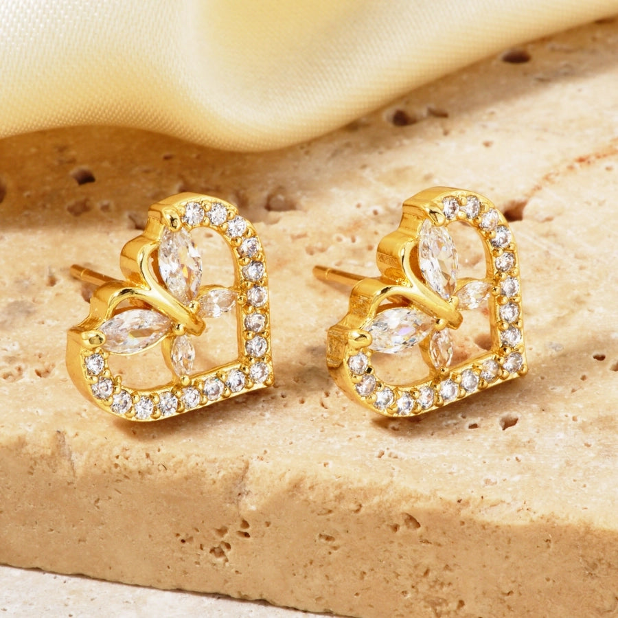 1 Piece Classical Simple Style Shiny Geometric Heart Shape Inlay Copper Zircon K Gold Plated Ear Studs