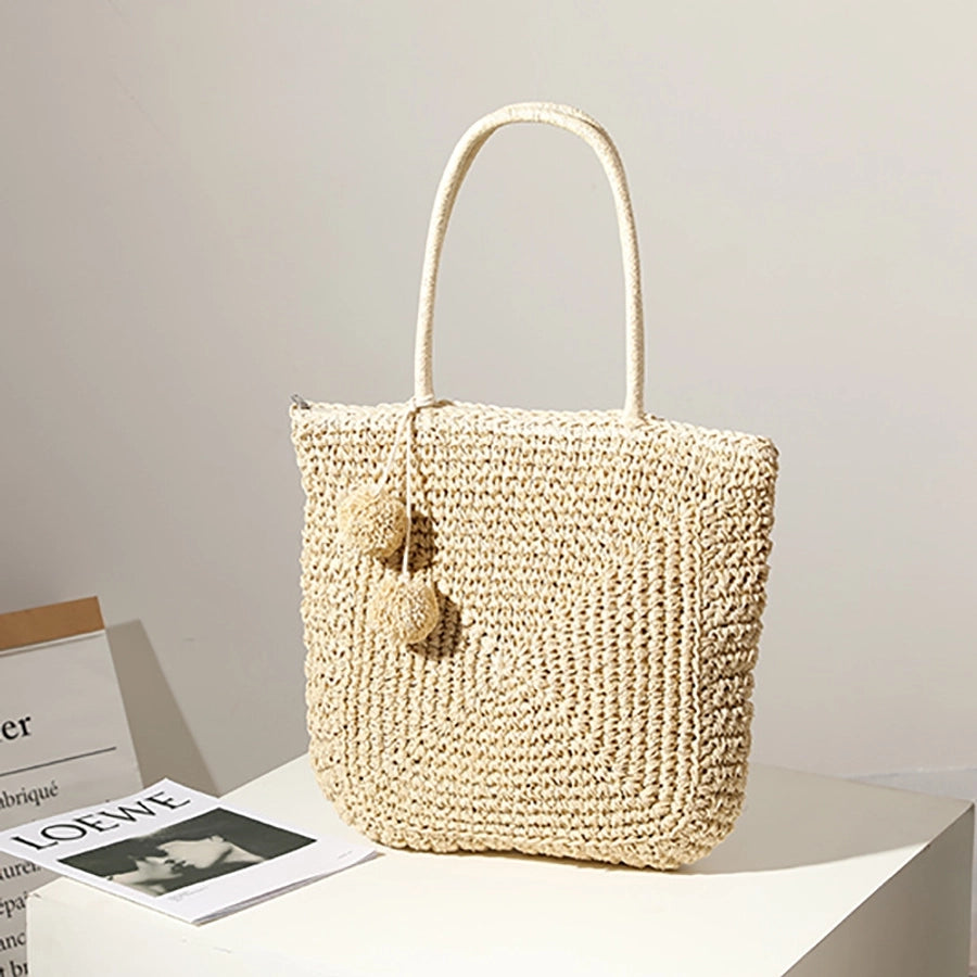 Women's Medium Straw Solid Color Classic Style Weave Square Zipper Straw Bag