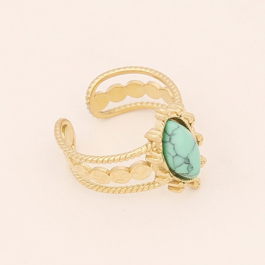 Stainless Steel 18K Gold Plated Ethnic Style Inlay Geometric Turquoise Open Ring