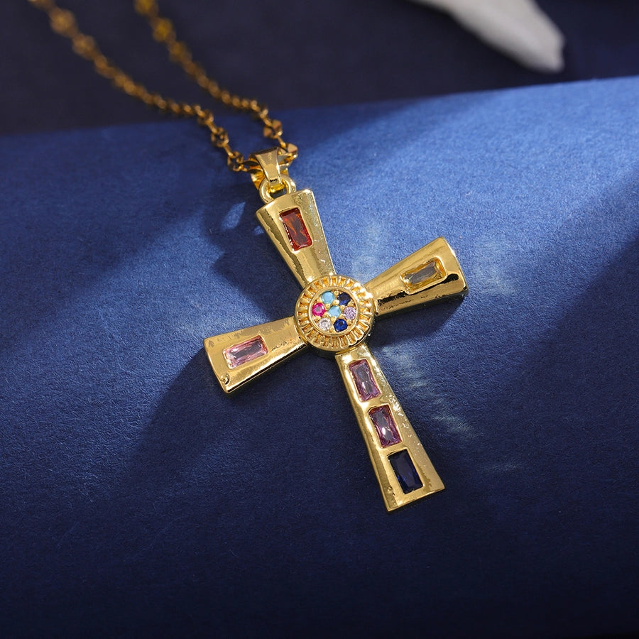 Classic Style Cross 304 Stainless Steel Copper Inlay 18K Gold Plated Zircon Pendant Necklace