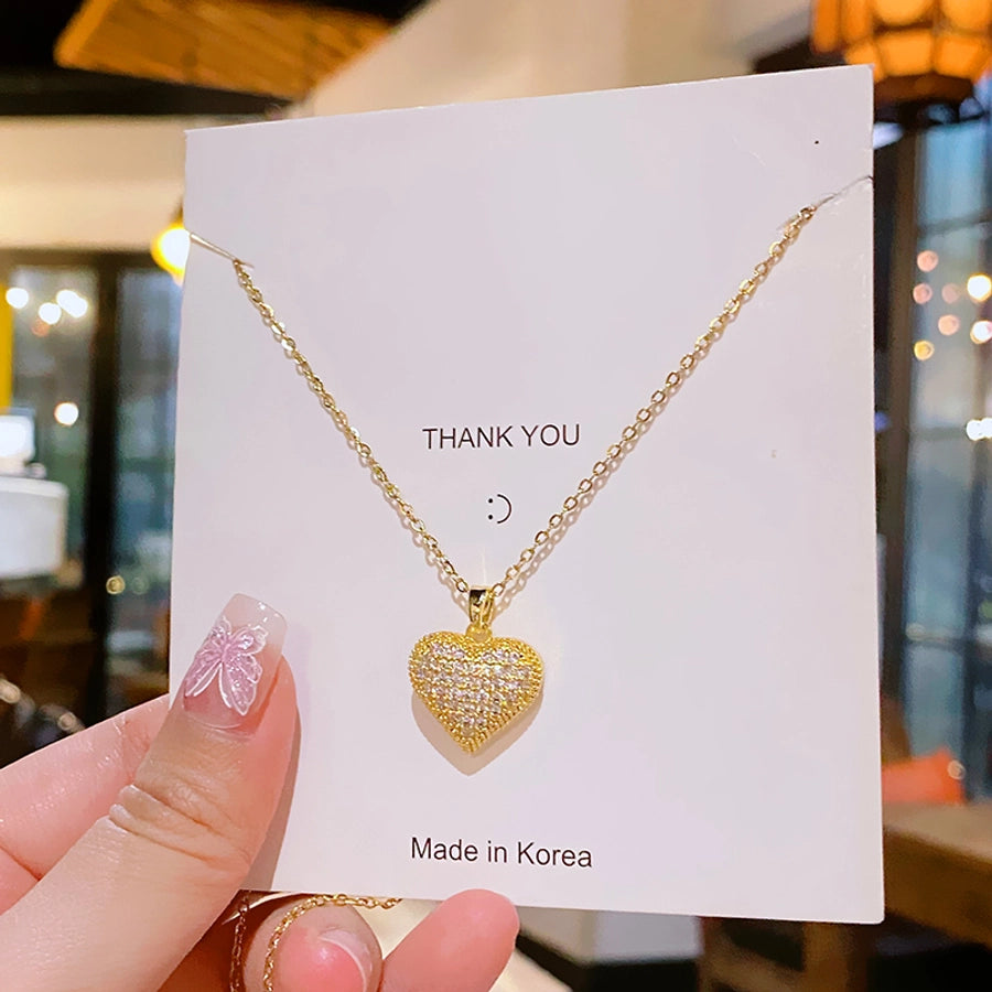 Jewelry Elegant Glam Luxurious Heart Shape 304 Stainless Steel Copper Artificial Diamond 18K Gold Plated Inlay Pendant Necklace