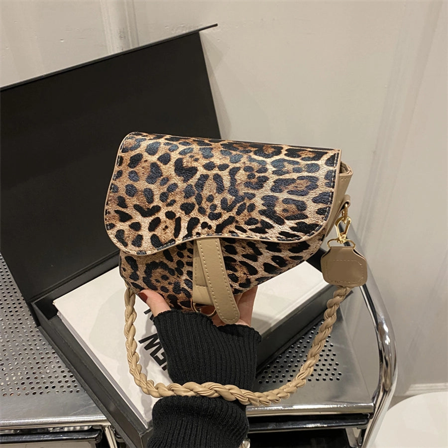 Women's Medium Pu Leather Leopard Streetwear Square Magnetic Buckle Saddle Bag