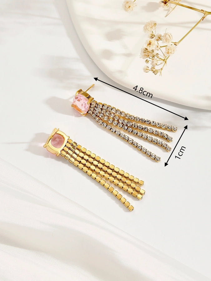 1 Pair IG Style Shiny Tassel Rectangle Plating Inlay 304 Stainless Steel Zircon 18K Gold Plated Drop Earrings - CEJEW