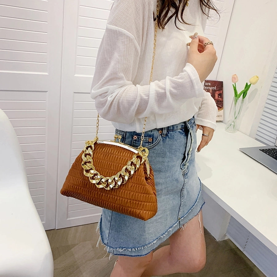 Women's Medium Pu Leather Solid Color Classic Style Sewing Thread Square Clasp Frame Crossbody Bag