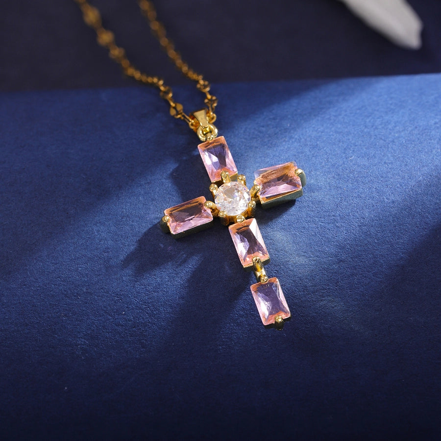 Classic Style Cross 304 Stainless Steel Copper Inlay 18K Gold Plated Zircon Pendant Necklace