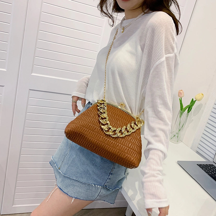 Women's Medium Pu Leather Solid Color Classic Style Sewing Thread Square Clasp Frame Crossbody Bag