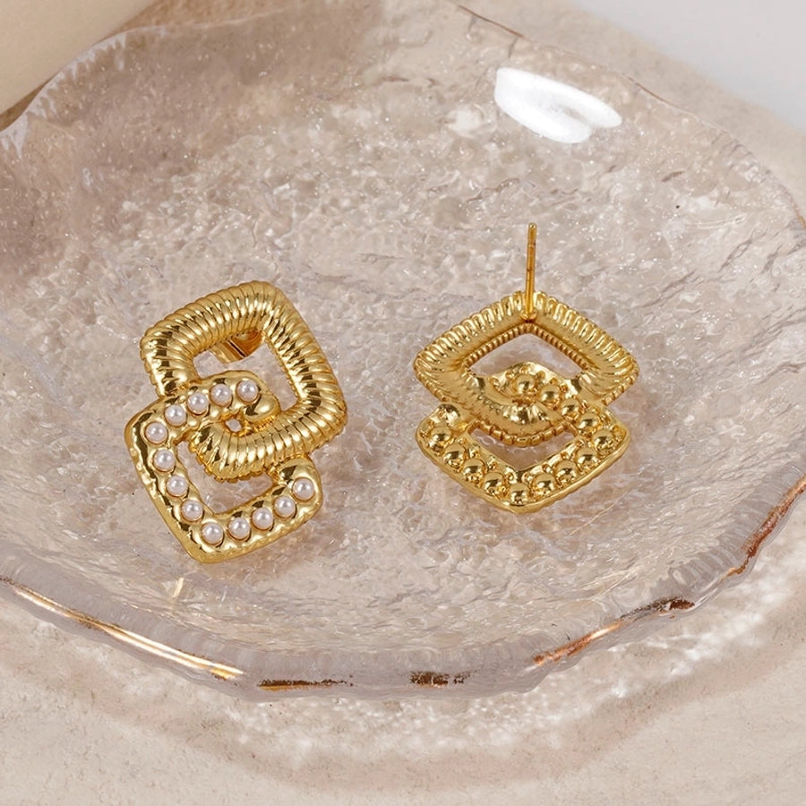 1 Pair Business Luxurious Romantic Geometric Square Inlay 201 Stainless Steel Artificial Pearls 18K Gold Plated Ear Studs