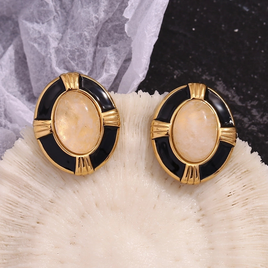 1 Pair Vintage Style Simple Style Classic Style Oval Plating Inlay 304 Stainless Steel Natural Stone 18K Gold Plated Ear Studs - CEJEW