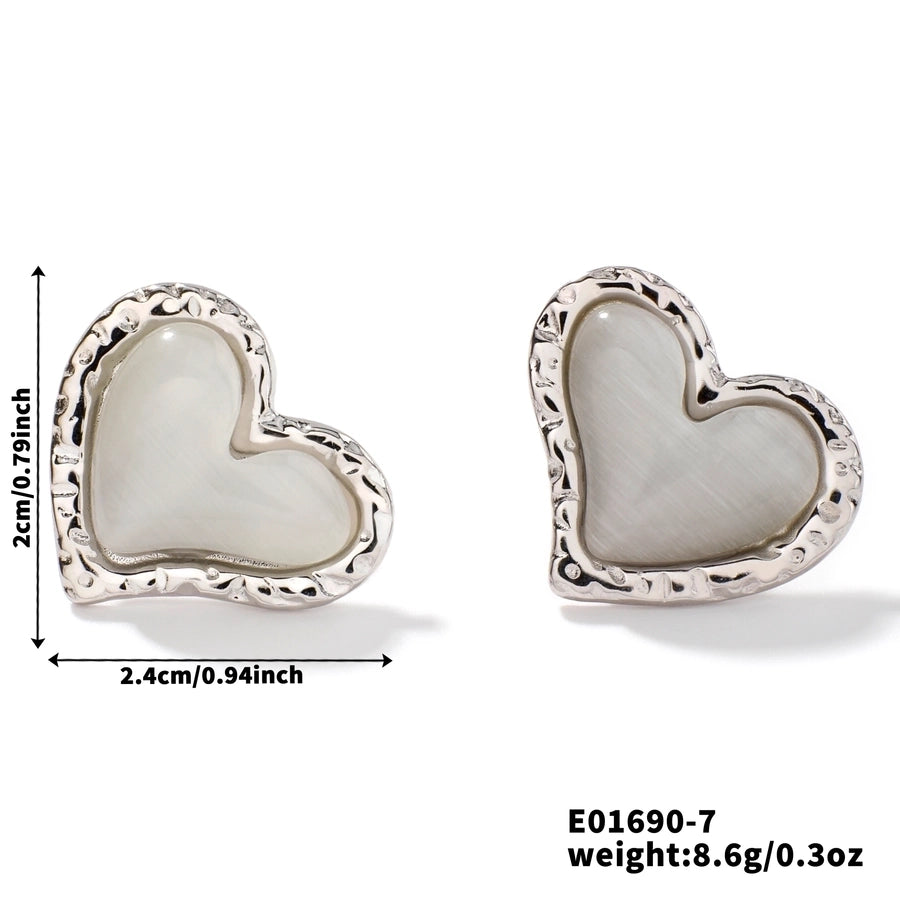 1 Pair Glam Sweet Simple Style Heart Shape Inlay 304 Stainless Steel Natural Stone K Gold Plated Rhodium Plated Ear Studs