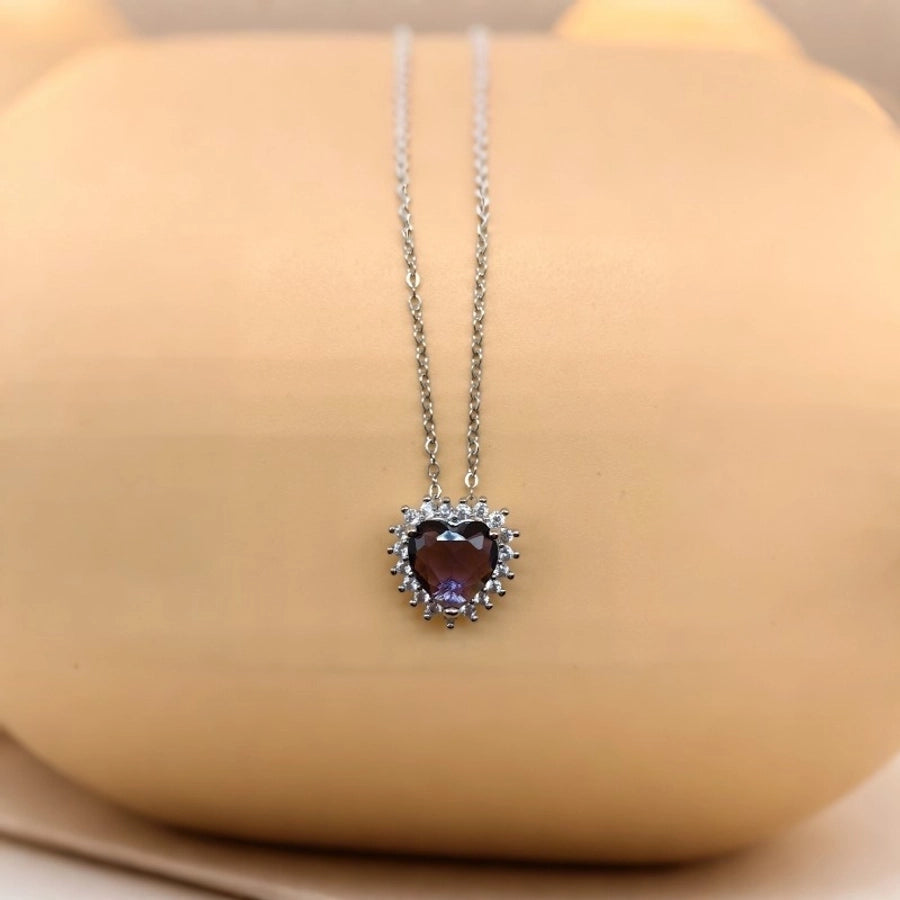 304 Stainless Steel Copper Hollow Out Inlay Heart Shape Zircon Pendant Necklace