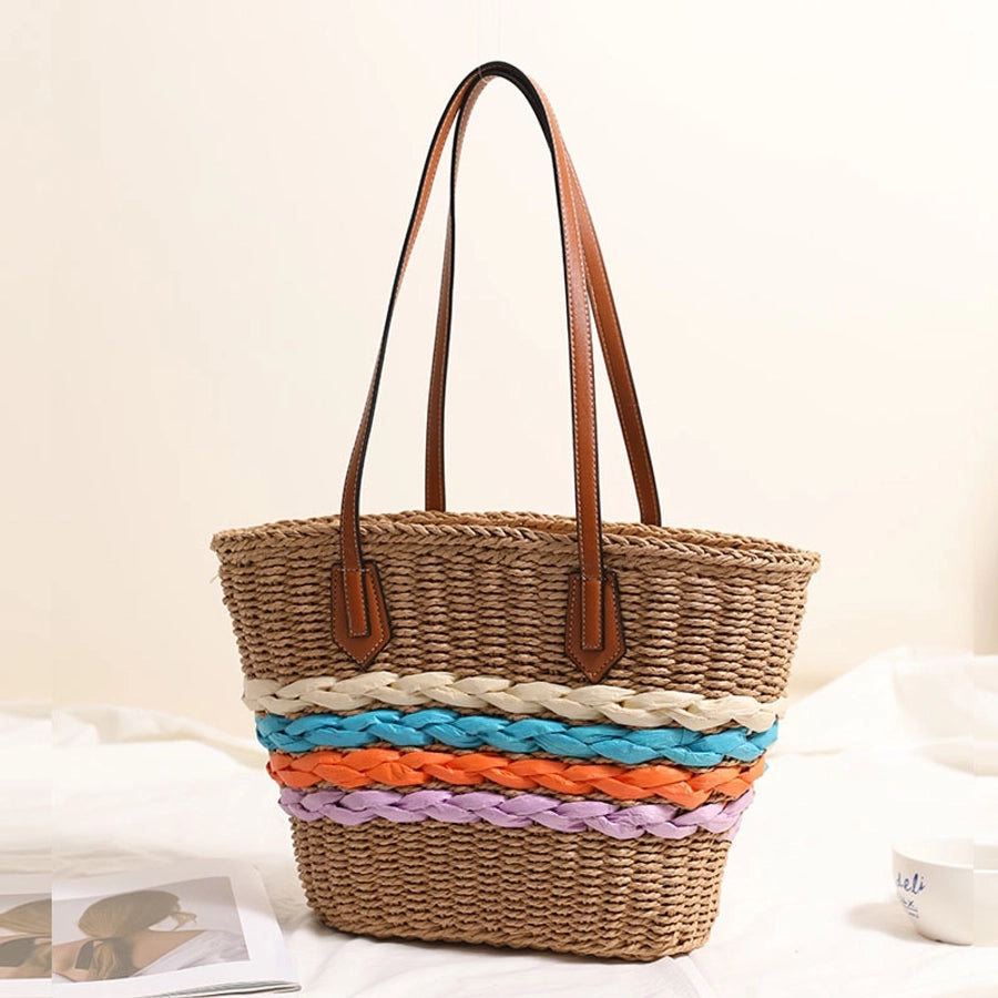 Women's Straw Stripe Vacation Weave Shell Zipper Tote Bag