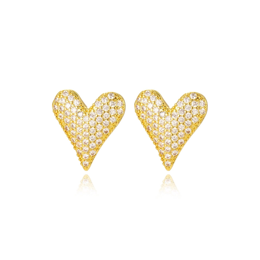 1 Pair Casual Simple Style Heart Shape Copper Zircon 18K Gold Plated Ear Studs