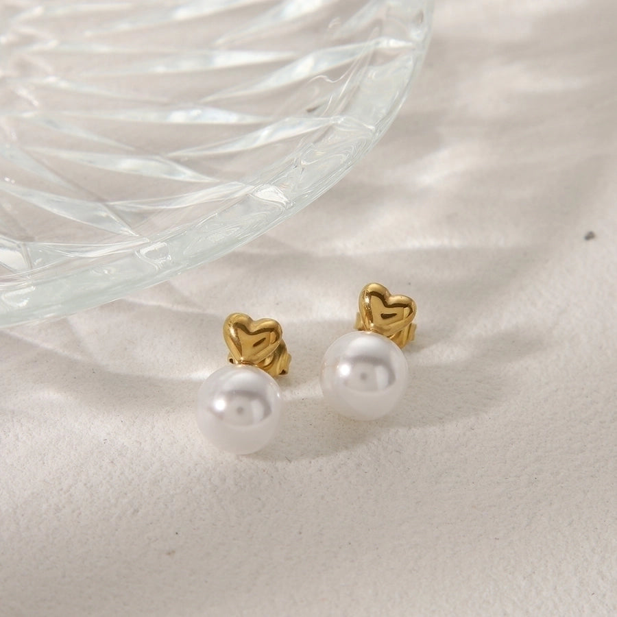 1 Pair IG Style French Style Commute Heart Shape Inlay 304 Stainless Steel Artificial Pearls 14K Gold Plated Ear Studs