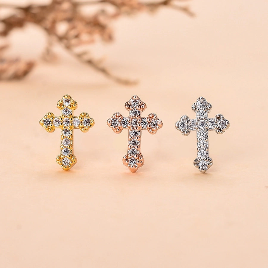 retro cross star stainless steel copper plating inlay zircon ear studs 1 piece