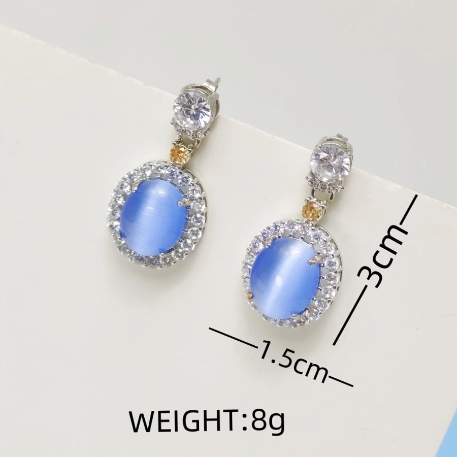 1 Pair Elegant Sweet Oval Inlay 304 Stainless Steel Rhinestone Imitation jade Silver Plated Drop Earrings