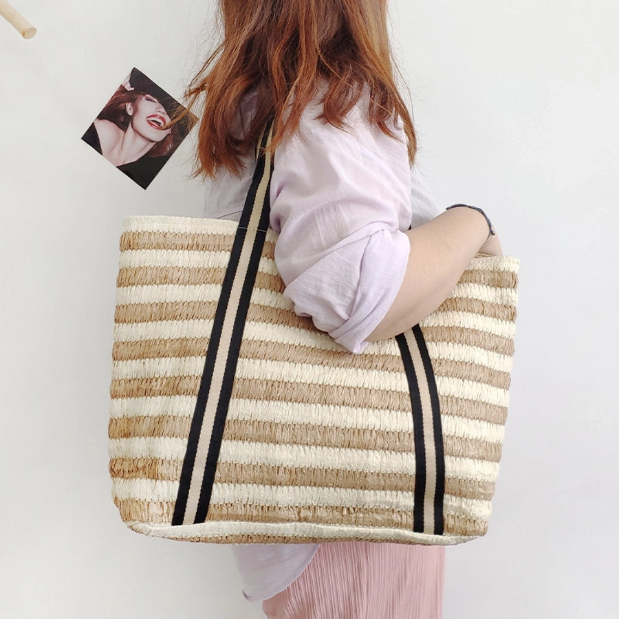 Women's Medium Paper Stripe Streetwear Weave Sewing Thread Square Magnetic Buckle Tote Bag