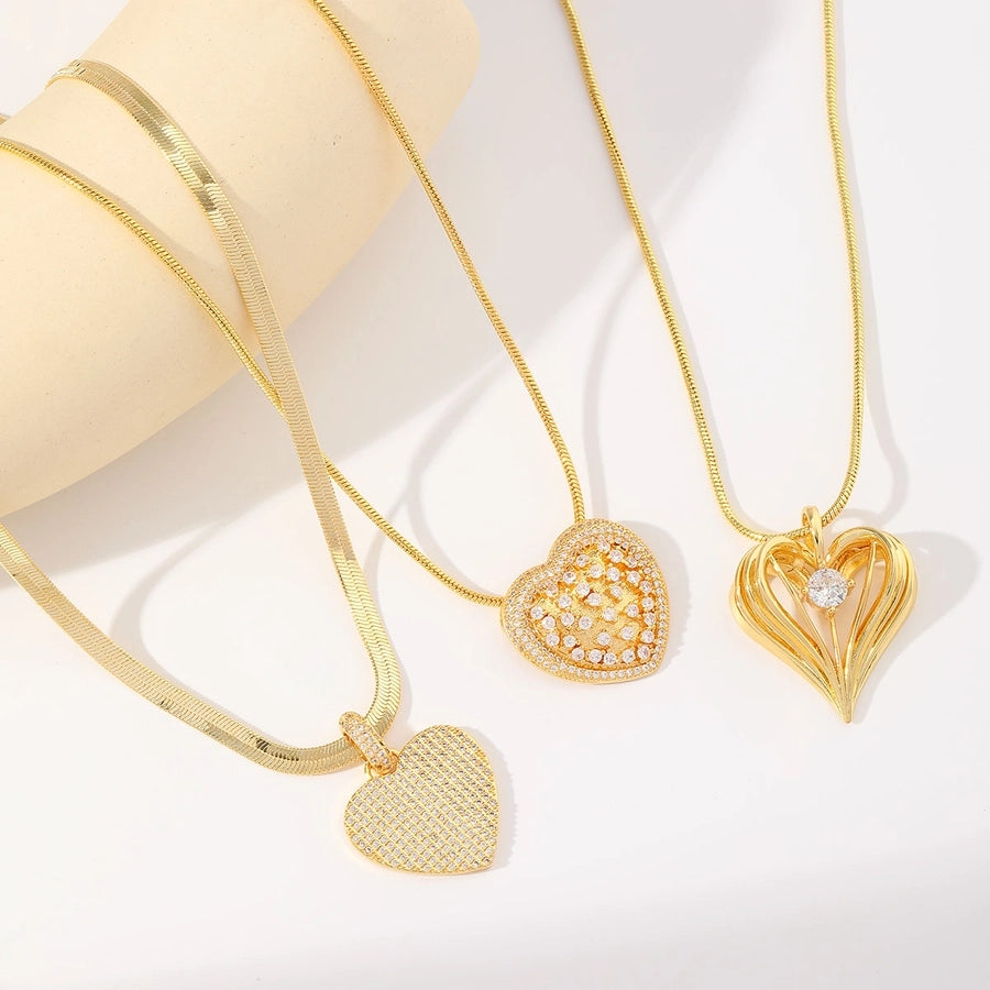 Jewelry Vintage Style Heart Shape Copper Zircon 18K Gold Plated Plating Inlay Pendant Necklace