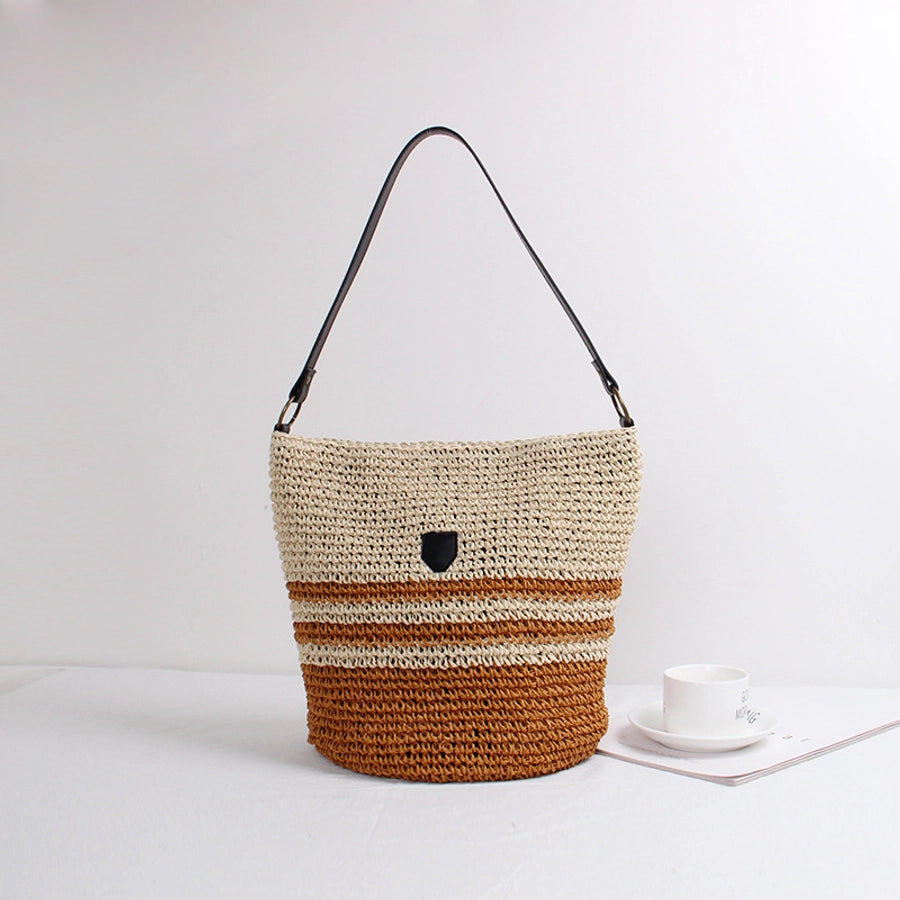 Women's Straw Stripe Vacation Weave Bucket Magnetic Buckle Shoulder Bag