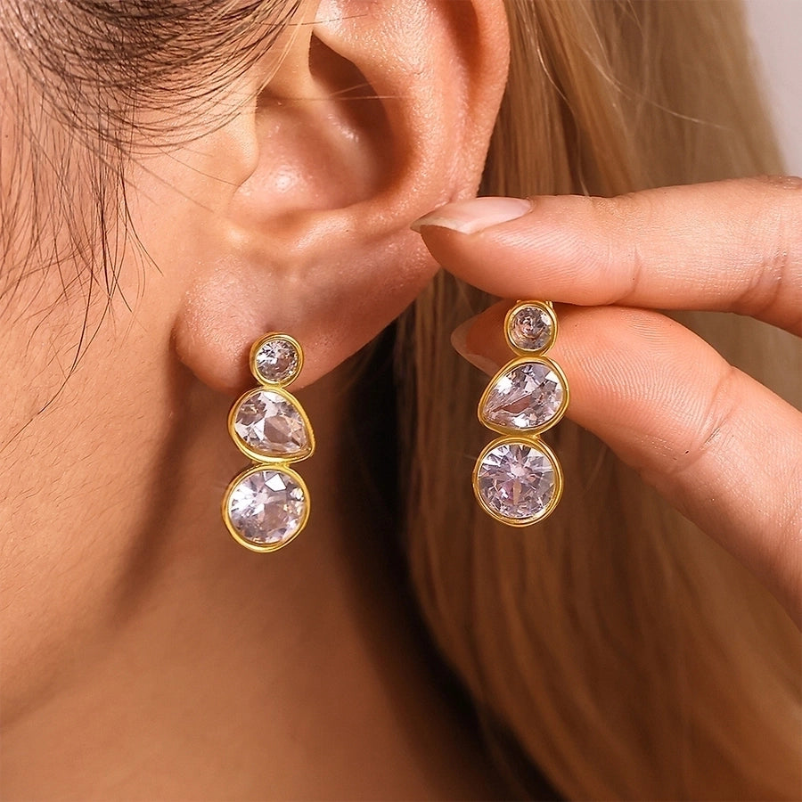 1 Pair Elegant Luxurious Vacation Water Droplets Plating Inlay 304 Stainless Steel Zircon 18K Gold Plated Drop Earrings