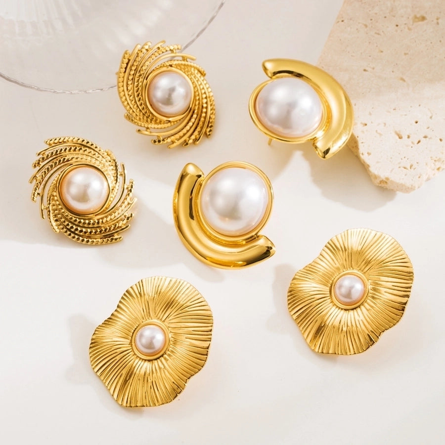 1 Pair Retro Artistic Geometric Plating Inlay 304 Stainless Steel Pearl 18K Gold Plated Ear Studs