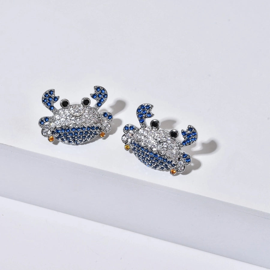 1 Pair Cute Shiny Crab Inlay Copper Zircon K Gold Plated Ear Studs