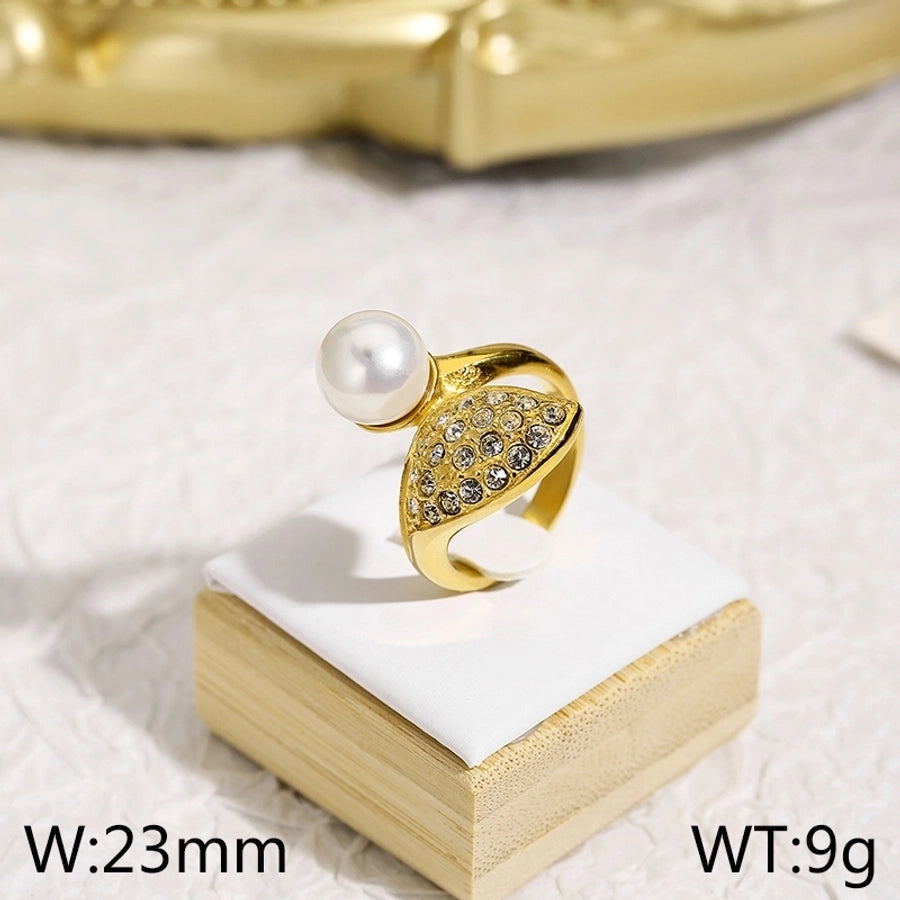 Jewelry Elegant Retro Geometric Titanium Steel Artificial Pearls Rhinestones 18K Gold Plated Plating Inlay Rings