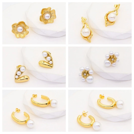 1 Pair Elegant Heart Shape Flower Shell Plating Three-dimensional Inlay 304 Stainless Steel Pearl Zircon 18K Gold Plated Ear Studs