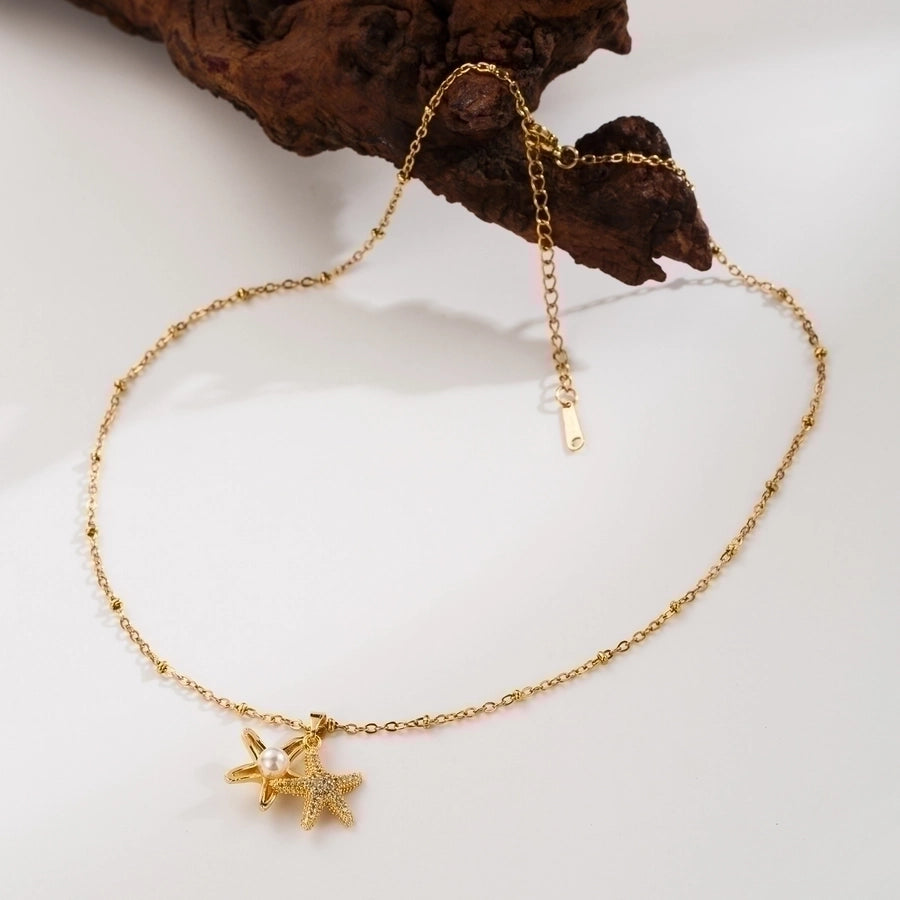 Beach Starfish Shell 304 Stainless Steel Copper Inlay 18K Gold Plated Artificial Pearls Zircon Pendant Necklace