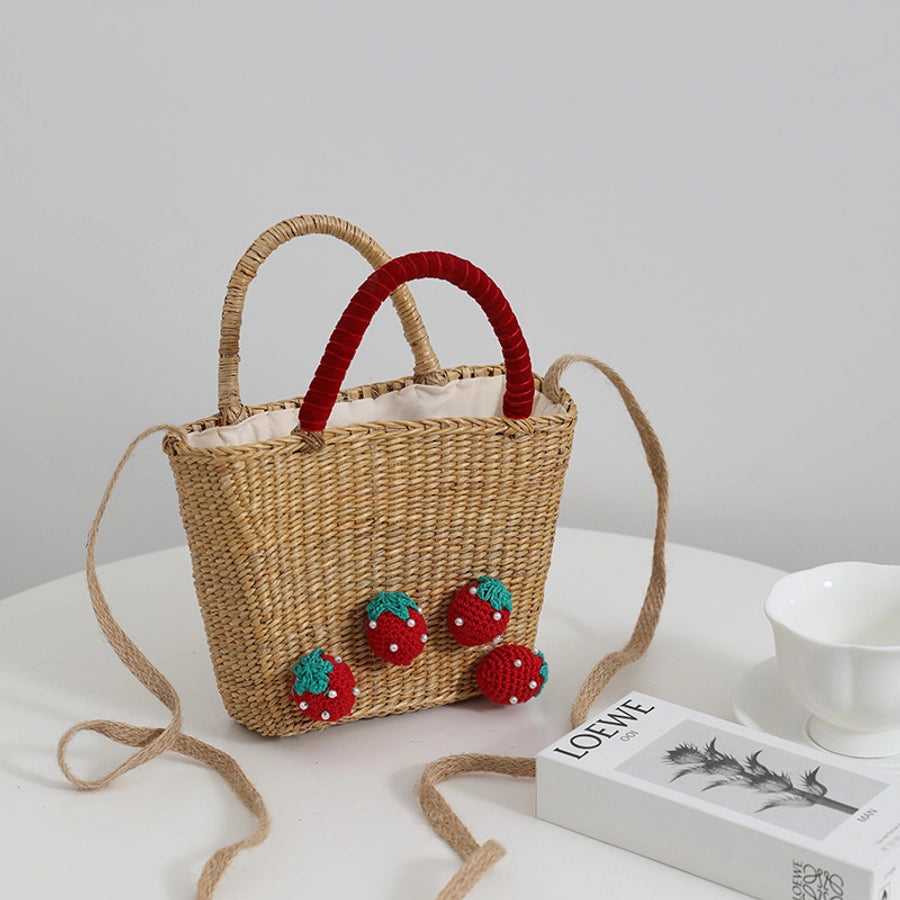 Women's Straw Strawberry Cute Weave Bucket String Crossbody Bag