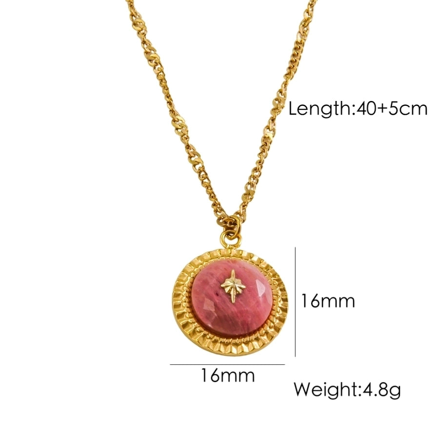 304 Stainless Steel natural stone 14K Gold Plated IG Style Vintage Style British Style Inlay Round Star Natural Stone Pendant Necklace