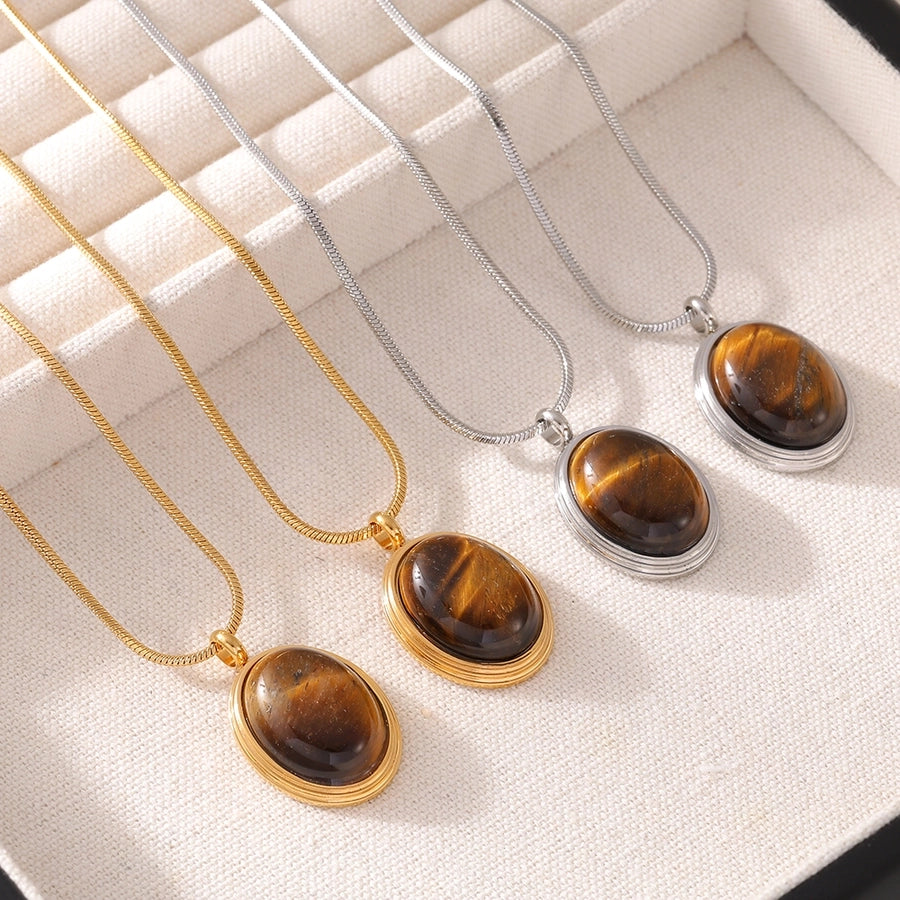 Jewelry Elegant Luxurious Vacation Geometric 304 Stainless Steel Tiger Eye 18K Gold Plated Necklace