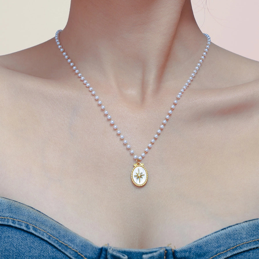 European and American Style Oval Natural Fritillary Eight Awn Star Pendant Imitation Pearl Chain Necklace Light Luxury Titanium Steel Necklace Jewelry for Women